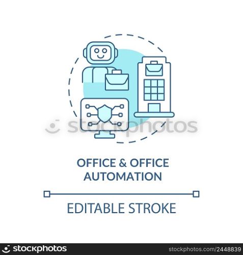 Office and office automation turquoise concept icon. Information systems kind abstract idea thin line illustration. Isolated outline drawing. Editable stroke. Arial, Myriad Pro-Bold fonts used. Office and office automation turquoise concept icon