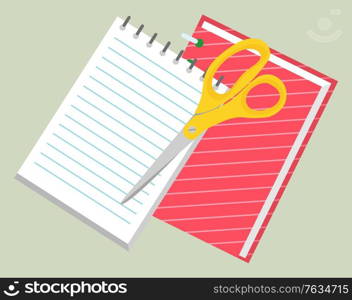 Office and school set of stationery as scissors and notebook. Scissors to cut paper and divide into pieces. Notebook to make notes vector illustration. Back to school concept. Flat cartoon. Office Set of Stationery as Scissors and Notebook
