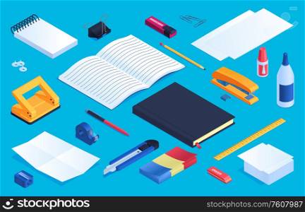 Office and school stationery elements set with glue sharpener and eraser isometric isolated vector illustration