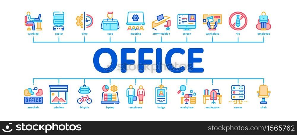 Office And Workplace Minimal Infographic Web Banner Vector. Office Table And Chair, Badge And Business Case, Water Cooler And Computer Screen Illustration. Office And Workplace Minimal Infographic Banner Vector