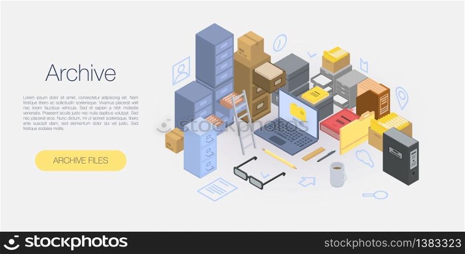 Office archive concept banner. Isometric illustration of office archive vector concept banner for web design. Office archive concept banner, isometric style