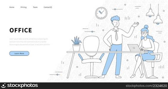 Office banner with people work together in room with table, l&s, chairs and clock. Vector landing page of workplace, coworking or open space office with doodle employees at desk with laptop. Office banner with people work together at desk