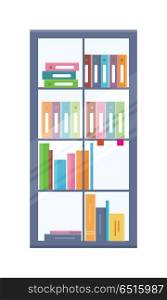 Office Bookcase with Folders. Office bookcase with folders on shelves. Colored folders with documents on shelves. Bookcase icon. Furniture element for office interior. Isolated object on white background. Vector illustration.