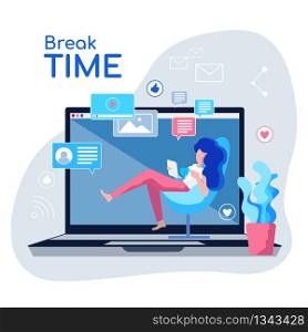 Office Break Time. Young Woman Office skip Lunch. Young Female Freelancer Sitting Office Chair. Happy Girl Communicates Social Network at home or Workspace. Female sends Emails friends