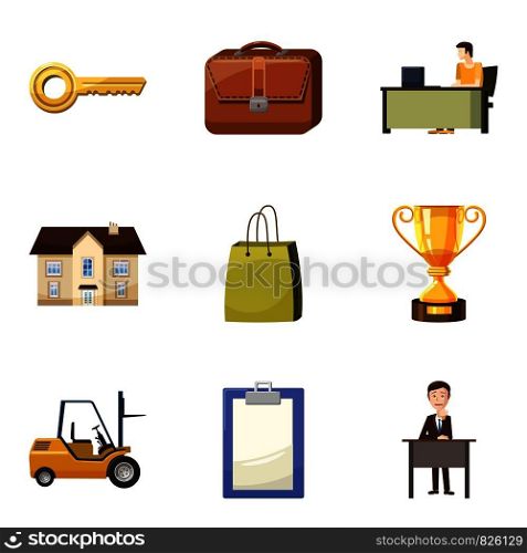 Office building icons set. Cartoon set of 9 office building vector icons for web isolated on white background. Office building icons set, cartoon style