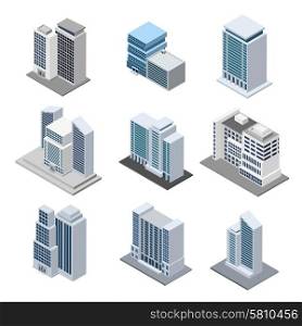 Office building isometric with 3d skyscrapers icons isolated vector illustration. Office Building Isometric