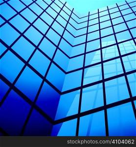 office building with glass windows and reflection with blue sky