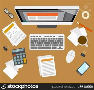 Office business accounter management workplace with investment growth computer icons vector illustration