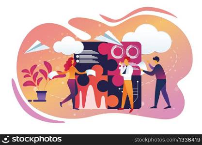 Office Business and Teamworking Process. Male and Female Character with Documents in Hands, Company Leader Stand in Thinking Pose. Paper Airplanes Flying Around. Cartoon Flat Vector Illustration, Icon. Office Business and Teamworking Process. Lifestyle