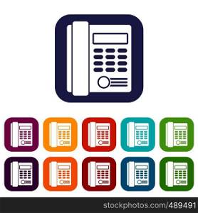 Office business keypad phone icons set vector illustration in flat style in colors red, blue, green, and other. Office business keypad phone icons set