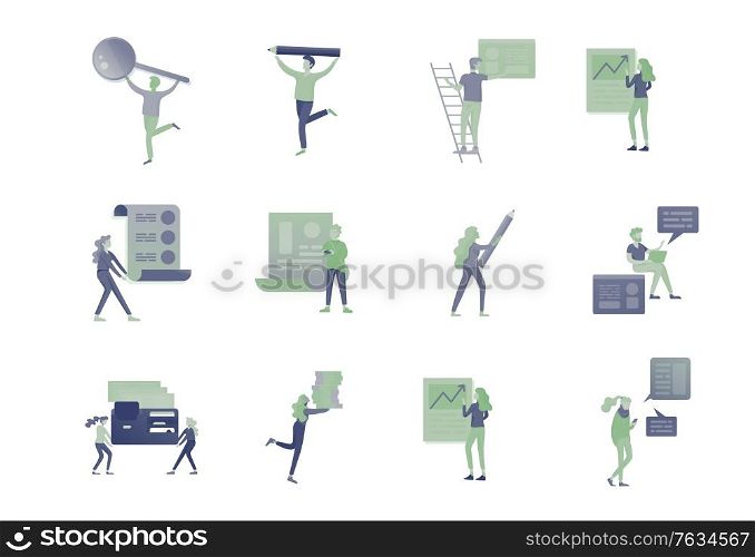 Office business people concept, management and administration. Character people planing, web desidn, businessmen discuss social network, news, social networks. Flat vector illustration.. Balance financial value, management and administration concept. Characters, people engineering a plan. Statistic, calculating financial risk graph. Flat Isometric characters vector illustration.
