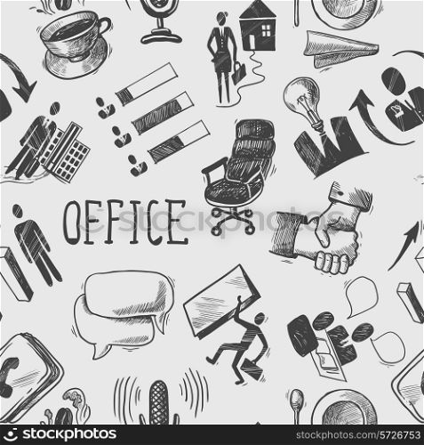 Office business sketch black and white seamless pattern with coffee cup handshake chart vector illustration