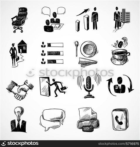 Office business sketch icons set with tea cup handshake chart isolated vector illustration