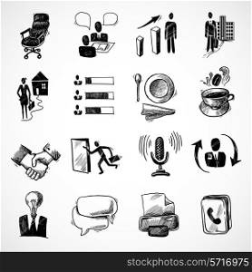 Office business sketch icons set with tea cup handshake chart isolated vector illustration