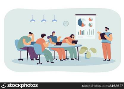 Office cartoon people listening to boring presentation. Speaker or manager giving tiresome lecture to audience flat vector illustration. Business meeting or training for banner or landing web page