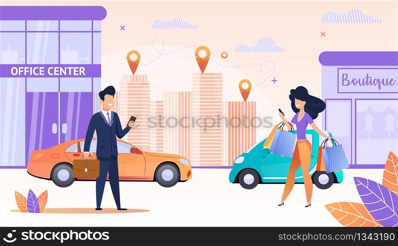 Office Center. Boutique. Woman and Man go to each other Meeting. Stylish Woman with Shopping. Man Business suit with Briefcase. View Streets big City. Car Parked Business Center City.