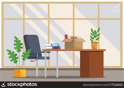 Office chair and desk with stack of books and cardboard box with things in room with big window. Furniture and equipment for the workplace of an employee or office worker, vector room interior. Office chair and desk with stack of books and cardboard box with things in room with big window