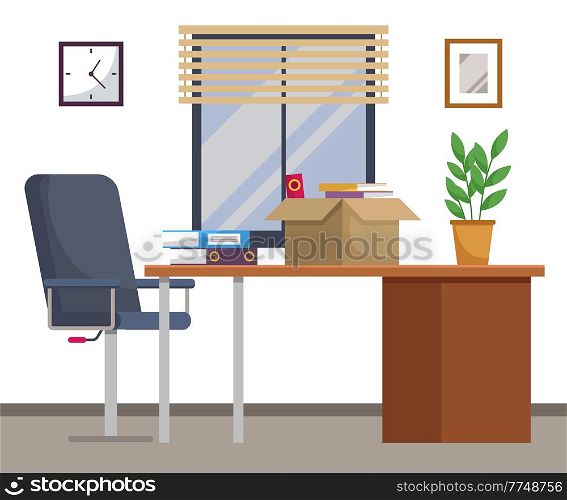 Office chair and office desk with stack of books and cardboard box with things in cozy room interior. Furniture and equipment for the workplace of an employee or office worker, vector interior. Office chair and office desk with stack of books and cardboard box with things in cozy room interior