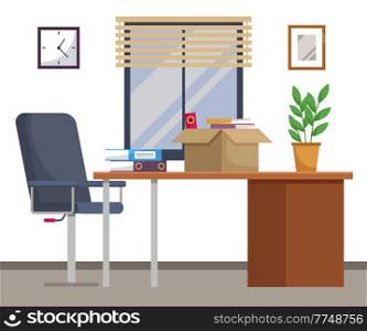 Office chair and office desk with stack of books and cardboard box with things in cozy room interior. Furniture and equipment for the workplace of an employee or office worker, vector interior. Office chair and office desk with stack of books and cardboard box with things in cozy room interior