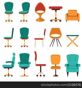 Office chair or desk chair in various points of view. Armchair and stool in front, back, side, furniture for Interior in flat design. vector illustration. Office chair vector fruniture. Seat business interior element work job