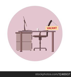 Office chair with vacancy sign isolated on blue background. Empty seat, workplace for employee. Business hiring and recruitment concept. Furniture, vacant desk, armchair icon.. Office chair with vacancy sign isolated . Empty seat, workplace for employee. Business hiring and recruitment concept. Furniture, vacant desk, armchair icon. Vector cartoon illustration