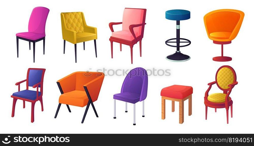 Office chairs set. Modern home furniture, empty soft sofa, stylish stool and bright comfort armchair, modern interior objects, comfortable trendy lounge equipment vector isolated on white illustration. Office chairs set. Modern home furniture, empty soft sofa, stylish stool and bright comfort armchair, modern interior objects, comfortable trendy lounge equipment vector isolated illustration