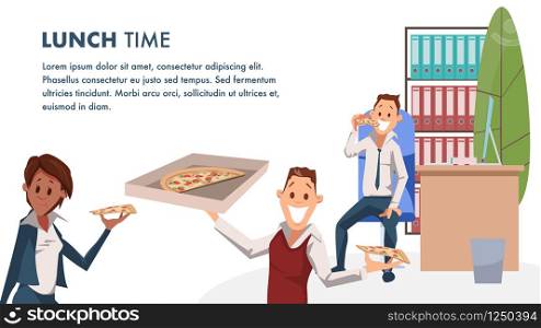 Office Character with Pizza Lunch Time Banner. Coworker Have Break for Italian Food. Happy Worker in Workplace. Man Hold Cardboard Box of Junkfood . Cartoon Flat Vector Illustration. Office Character with Pizza Lunch Time Banner