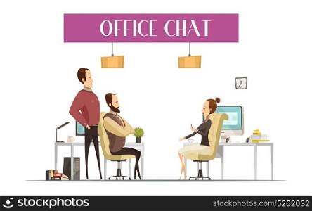Office Chat Cartoon Style Composition. Office chat composition in cartoon style with cheerful men and woman during communication at workplaces vector illustration