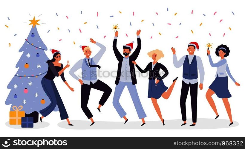 Office christmas celebration. Happy business team workers corporate party, celebrate New Year in xmas hats. 2020 winter holiday businessman and businesswoman office celebrating vector illustration. Office christmas celebration. Happy business team workers corporate party, celebrate New Year in xmas hats vector illustration