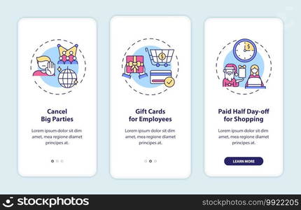 Office Christmas covid tips onboarding mobile app page screen with concepts. Big parties cancel, gift cards walkthrough 3 steps graphic instructions. UI vector template with RGB color illustrations. Office Christmas covid tips onboarding mobile app page screen with concepts