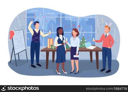 Office Christmas party 2D vector isolated illustration. Colleagues with drinks in flute glasses. Happy coworkers flat characters on cartoon background. Festive holidays celebration colourful scene. Office Christmas party 2D vector isolated illustration