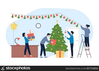 Office christmas party prepare. Manager team preparing to new year celebrating. Corporative work preparation to winter holidays, recent vector characters christmas celebration illustration. Office christmas party prepare. Manager team preparing to new year celebrating. Corporative work preparation to winter holidays, recent vector characters