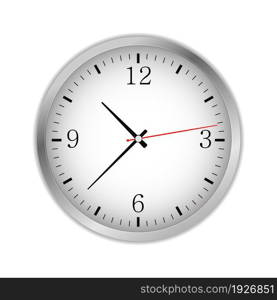 Office circle retro analog clock with black hands and numbers - time, vector art image illustration, isolated on white background, realistic design.. Office circle retro analog clock with black hands and numbers - time, vector art image illustration, isolated on white background, realistic design