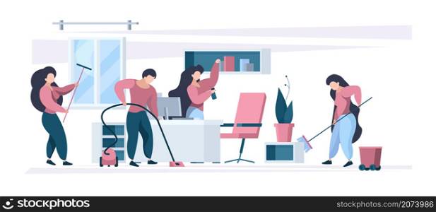 Office cleaning. Workers washing and cleaning business open space interior garish vector background. Cleaner worker office team, clean service illustration. Office cleaning. Workers washing and cleaning business open space interior garish vector background