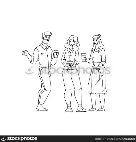 Office Coffee Break And People Conversation Black Line Pencil Drawing Vector. Man And Woman Coffee Break Time And Communication. Characters Drinking Energy Hot Drink And Speaking Together Illustration. Office Coffee Break And People Conversation Vector