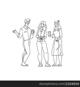 Office Coffee Break And People Conversation Black Line Pencil Drawing Vector. Man And Woman Coffee Break Time And Communication. Characters Drinking Energy Hot Drink And Speaking Together Illustration. Office Coffee Break And People Conversation Vector