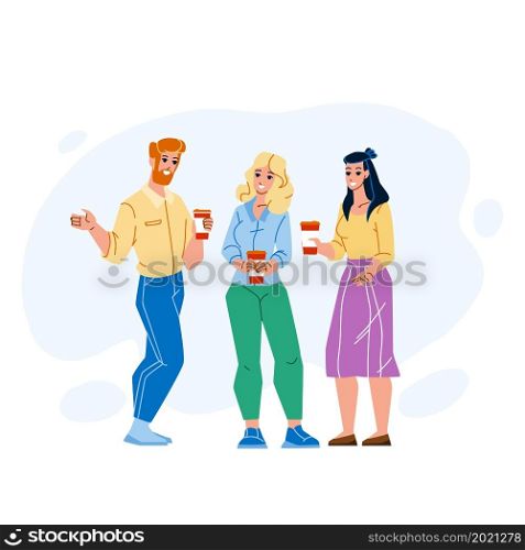 Office Coffee Break And People Conversation Vector. Man And Woman Coffee Break Time And Communication. Characters Drinking Energy Hot Drink And Speaking Together Flat Cartoon Illustration. Office Coffee Break And People Conversation Vector