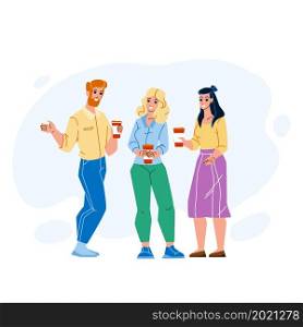 Office Coffee Break And People Conversation Vector. Man And Woman Coffee Break Time And Communication. Characters Drinking Energy Hot Drink And Speaking Together Flat Cartoon Illustration. Office Coffee Break And People Conversation Vector