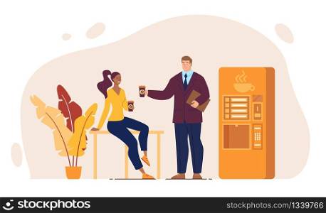 Office Coffee Break, Colleagues Conversation, Coworkers Informal Communication Concept. Resting Businesspeople, Company Manager Talking with African-American Woman, Trendy Flat Vector Illustration