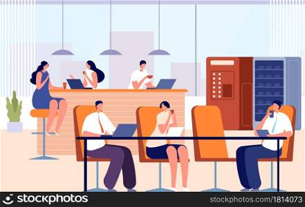 Office coffee break. Company eat, business lunch or meeting work kitchen. People conversation, drink hot tea and working vector illustration. Company coffee break, employee meeting and eating. Office coffee break. Company eat, business lunch or meeting work kitchen. People conversation, drink hot tea and working vector illustration