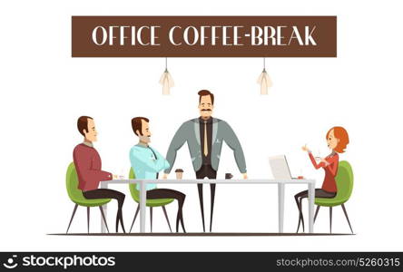 Office Coffee Break Illustration. Office coffee break design with cheerful woman and men hot drinks interior elements vector illustration