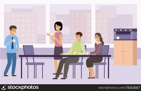 Office coffee break. Lunch. Managers relax and talk in the kitchen. Vector flat illustration.