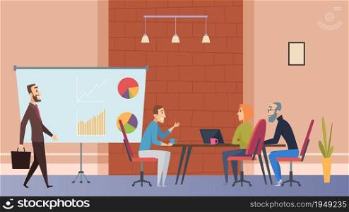 Office coffee time. Managers drinking beverages at table with laptop, business center or coworking cafe vector illustration. Office table and workplace, manager and team. Office coffee time. Managers drinking beverages at table with laptop, business center or coworking cafe vector illustration