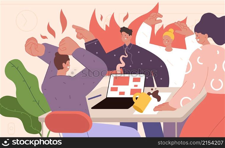 Office conflict concept. Expressing feelings, business quarrel. Stress on work, negative people in flame. Discontent communication utter vector scene. Illustration of office conflict worker characters. Office conflict concept. Expressing feelings, business quarrel. Stress on work, negative people in flame. Discontent communication utter vector scene