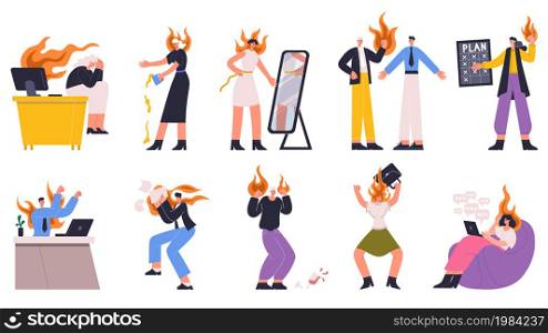 Office conflict, stress angry business people in chaos fire. Negative emotions, stress and deadlines vector illustration set. Angry office people in fire flames. Office business angry stressful action. Office conflict, stress angry business people in chaos fire. Negative emotions, stress and deadlines vector illustration set. Angry office people in fire flames