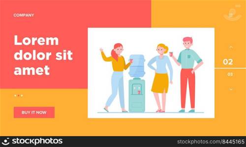 Office cooler meeting flat vector illustration. Cartoon young colleagues drinking water near dispenser and talking. Workplace and coffee break concept