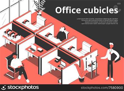 Office cubicles isometric background with editable text and composition of human characters and separated working places vector illustration