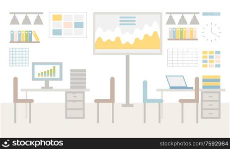 Office decorated by desktop with computer or laptop, chairs and board with chart, hanging sheets, shelves with books and lamps, empty workplace vector. Furniture and Computer in Office, Work Vector