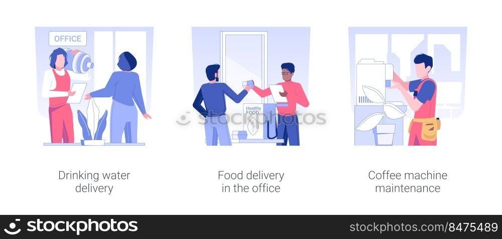 Office delivery service isolated concept vector illustration set. Drinking water and food order, coffee machine maintenance, corporate services for employees, office life vector cartoon.. Office delivery service isolated concept vector illustrations.