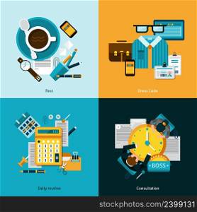 Office design concept set with daily routine flat icons isolated vector illustration. Office Flat Set